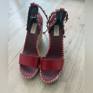Valentino Garavani Burgundy Leather Studded Espadrille Wedges